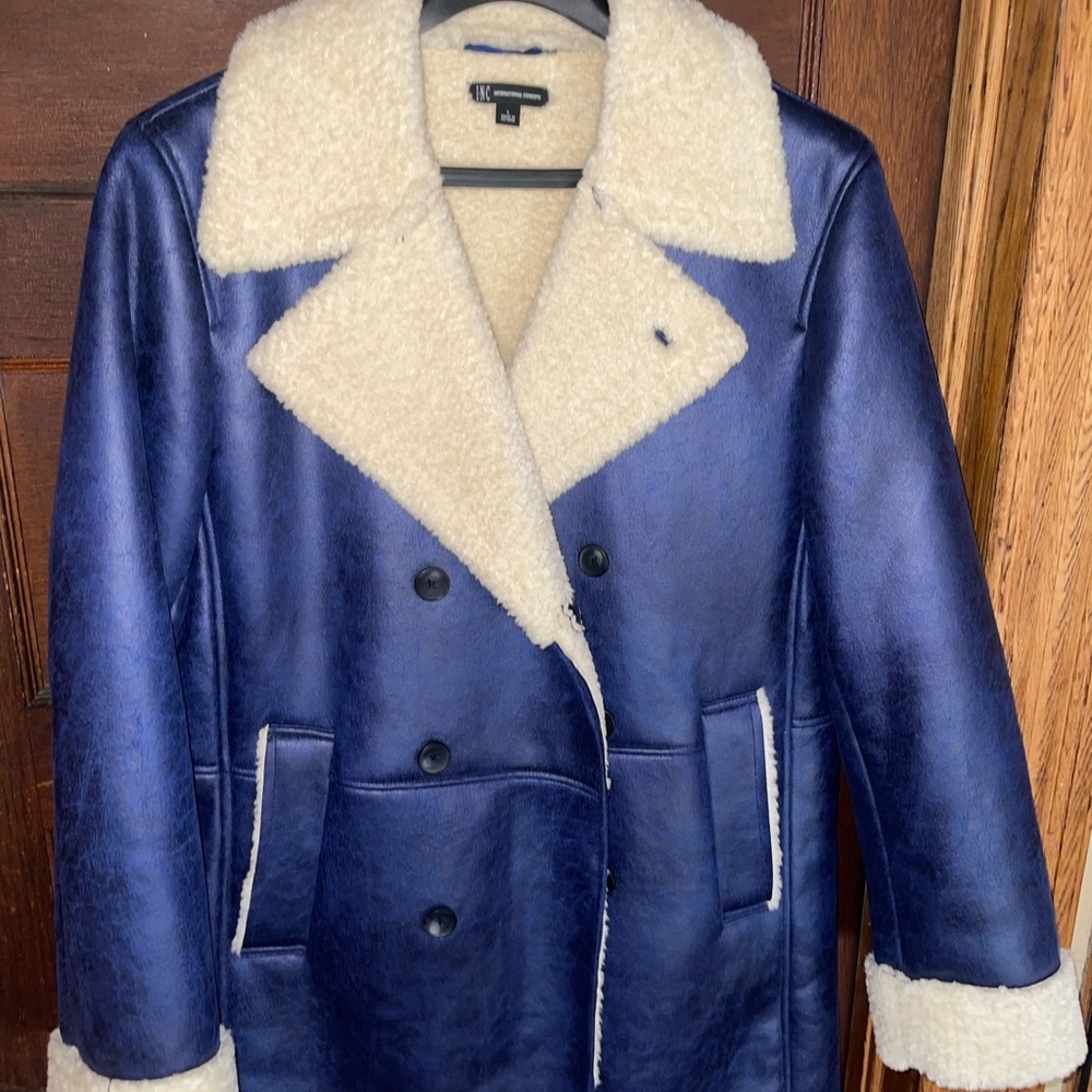 Navy Blue Faux Leather Shearling Coat